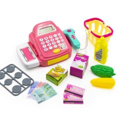   Gyermek játék pénztárgép,  játék pénzzel, élelmiszerekkel, sok kiegészítővel